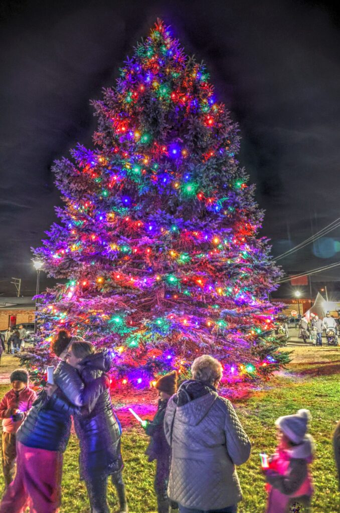 People enjoying a brightly lit Christmas tree at night